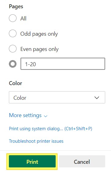 Print button highlighted in the Printer Settings page of Edge 