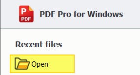 Open file button highlighted in PDF Pro.