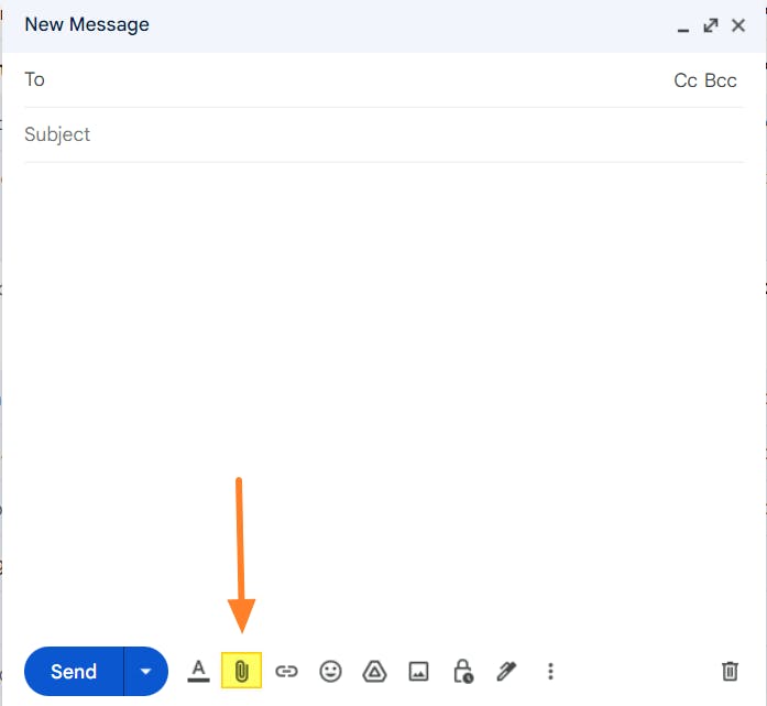 Gmail compose email window. The "attach file" button is highlighted and has an orange arrow pointing at it. 
