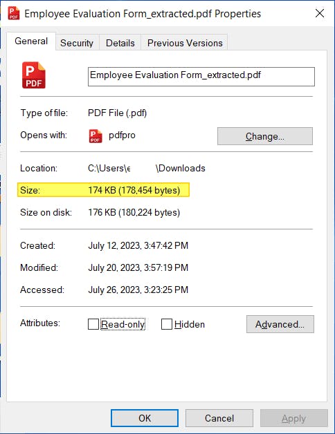 The File Properties dialog box. The Size information is highlighted. 