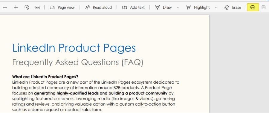 Microsoft Edge browser with a PDF open. The Print button is highlighted.