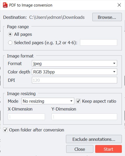 PDF Pro's PDF to Image conversion dialog box. 