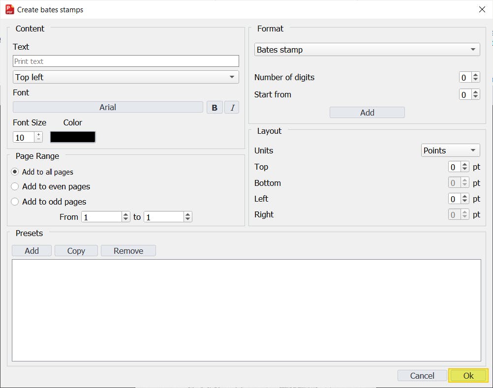 Bates numbers dialog box with the Ok button highlighted.