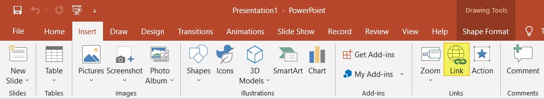 PowerPoint's Insert tab. The Link button is highlighted. 