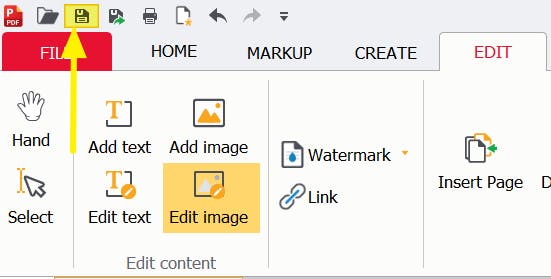 PDF Pro's Save button icon is highlighted. And has a yellow arrow pointing at it. 