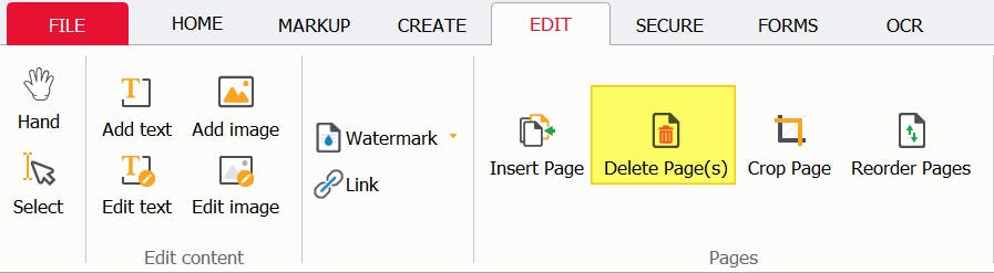 Delete Page(s) button highlighted in PDF Pro.