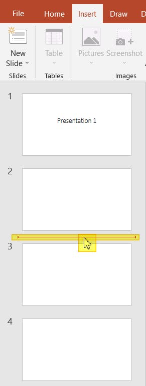 In PowerPoint, a mouse is clicking in-between the thumbnails of two slides.