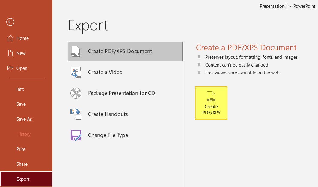 Create PDF XPS Document highlighted in PowerPoint.