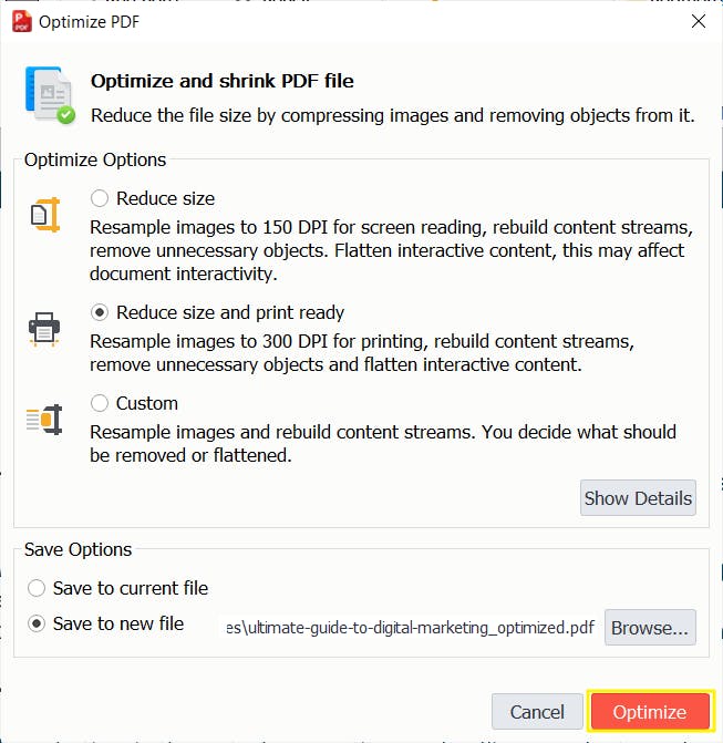 PDF Pro's Optimize PDF dialog box. The Optimize button is red and highlighted.