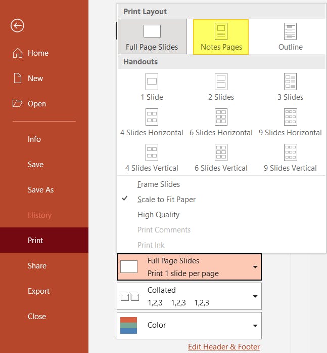 Print Layout with Notes Pages highlighted in PowerPoint.