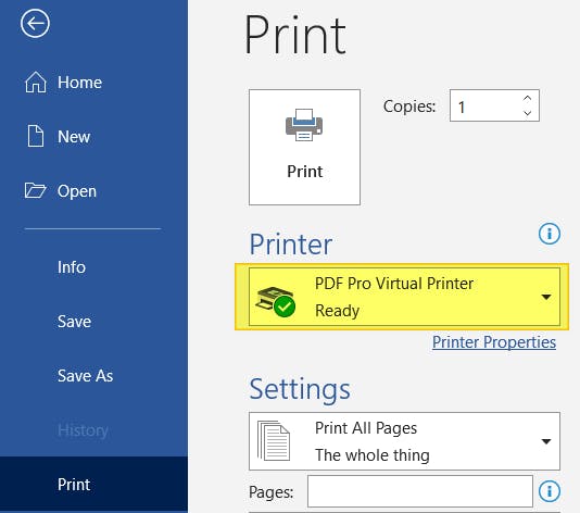 PDF Pro Virtual Printer highlighted and selected as the printer in Microsoft Word.