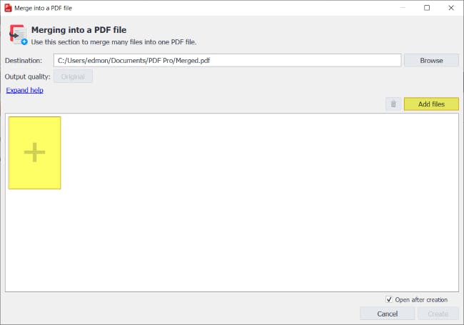 PDF Pro's Merging files into a PDF dialog box. The buttons to Add files are highlighted. 