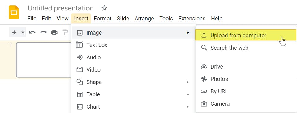Google Slides Insert menu with the "Upload image from computer" button highlighted and with the mouse cursor on top of it. 