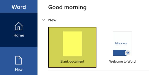 Microsoft Word launch screen with Blank Document button highlighted. 