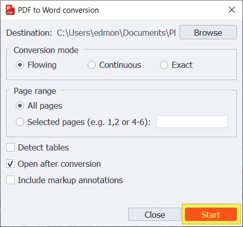 PDF Pro's "PDF to Word conversion" dialog box. The Start button is highlighted. 