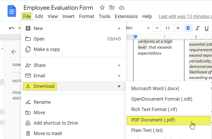 Google Docs file menu with the "Download" as "PDF Document" options are highlighted. 