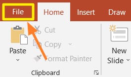 PowerPoint File menu button is highlighted with a yellow box around it and an orange arrow pointing at it. 