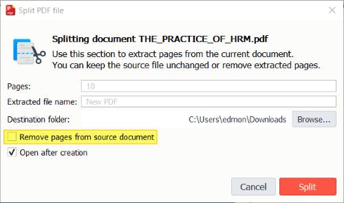 Split PDF file dialog box. The "remove pages from source document" checkbox is highlighted and unchecked. 
