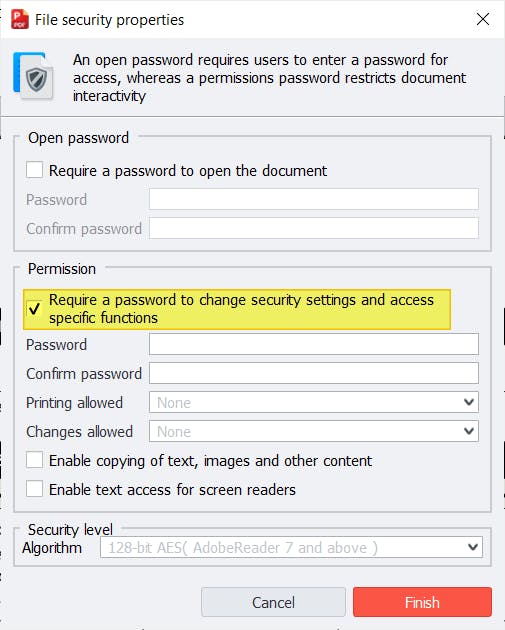 PDF Pro's Password dialog box. The permission password checkbox is checked and highlighted. 