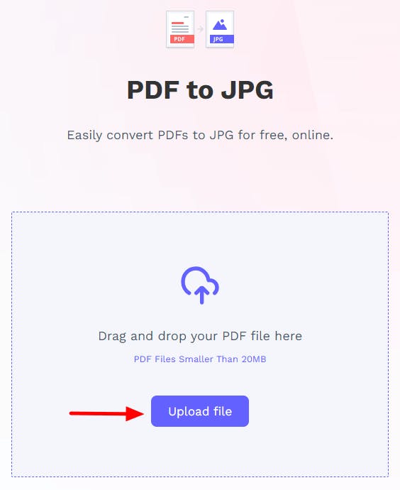 PDF Pro's online PDF to JPG tool. A red arrow is pointing at the Upload File button.