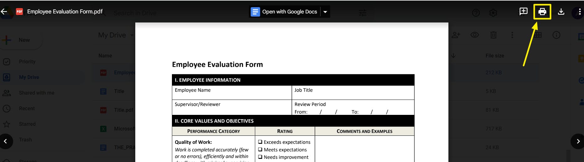 Google Drive document preview. The Print button is highlighted with a yellow box around it and a yellow arrow pointing at it.