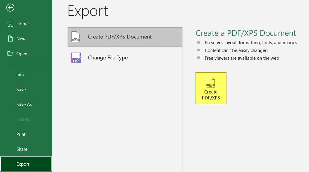 Create PDF XPS button in Microsoft Excel highlighted.