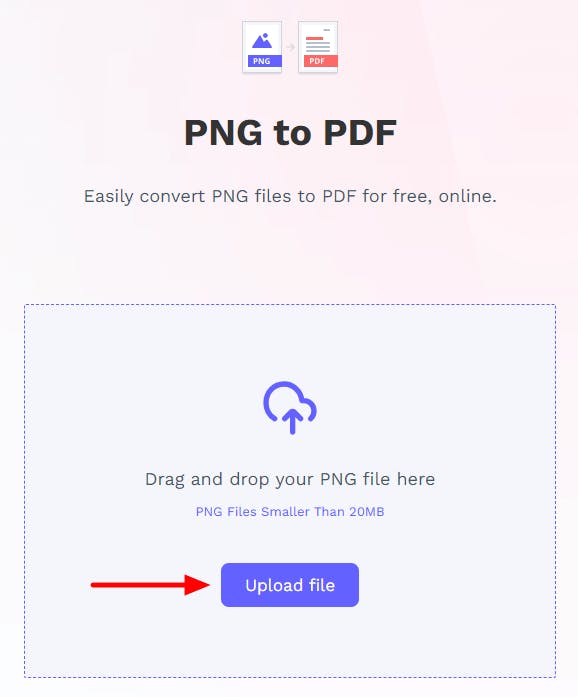 PDF Pro's online PNG to PDF converter. There is a red arrow pointing at the Upload File button.