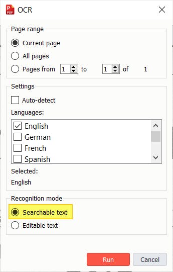 OCR dialog box with Searchable text radio button highlighted