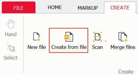 Create from file button with red box around it in PDF Pro.