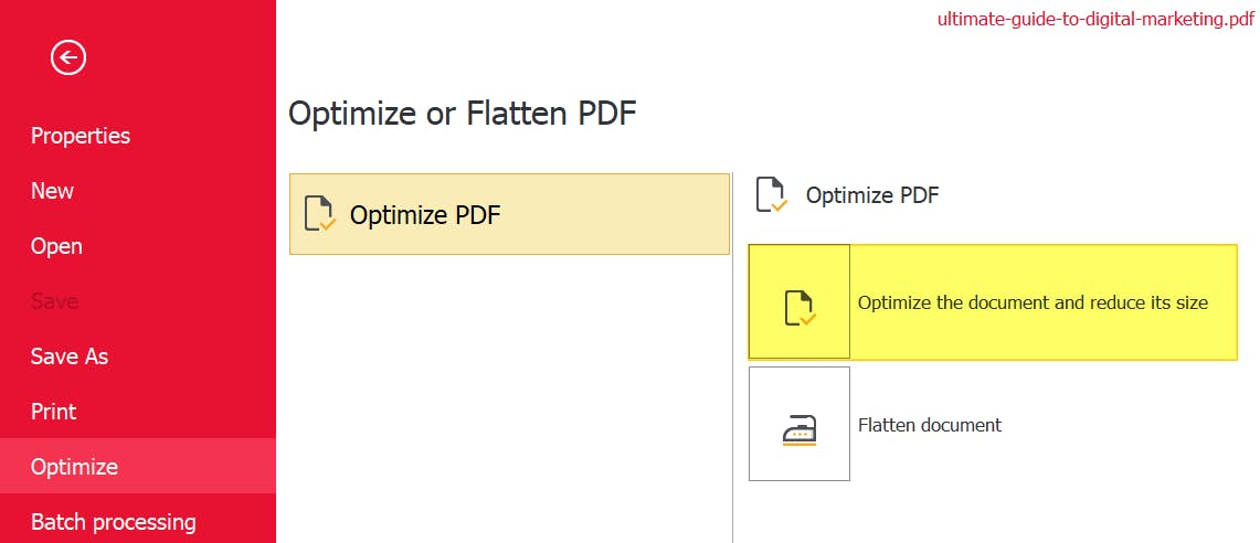 Button labeled "Optimize the document and reduce its size" is highlighted in PDF Pro.