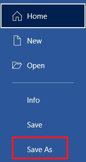 Save As button in Word with red box around it.