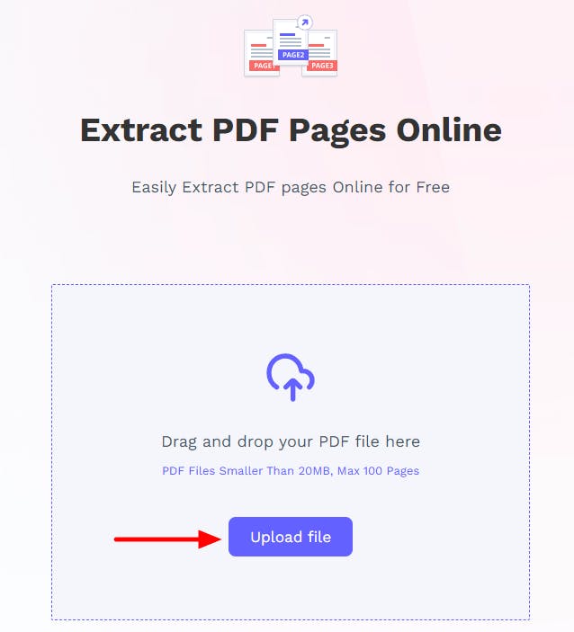 PDF Pro's online Extract PDF Pages tool. The upload button has a red arrow pointing at it. 
