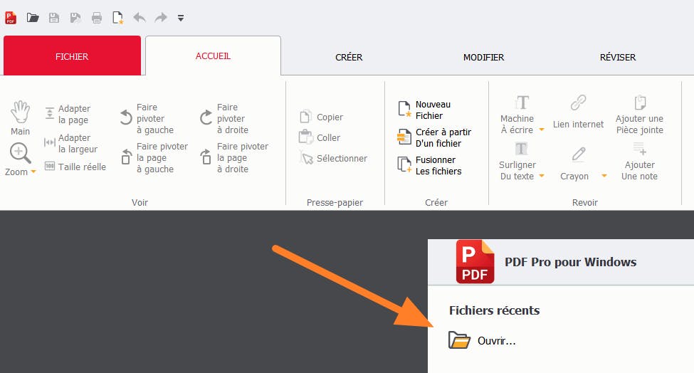 Le bouton d'ouverture de fichier dans l'application PDF Pro avec une flèche pointant vers celui-ci.