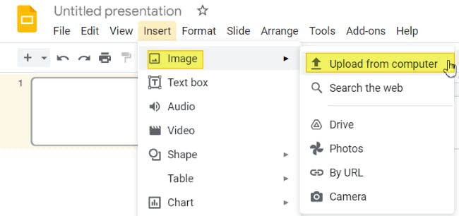 Google Slides Insert tab menu with Image and Upload from computer highlighted. Upload from computer option also has the mouse cursor hovering over it. 