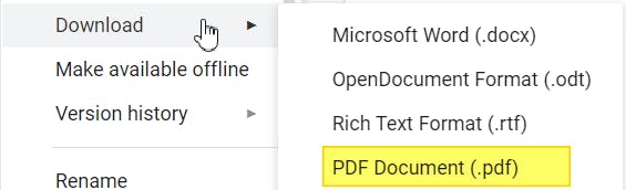 Download as PDF highlighted in Google Docs.