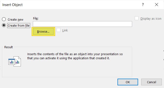 PowerPoint's Insert Object dialog box. The Browse button is highlighted.