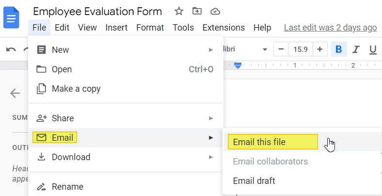 Google Docs File context menu. "Email this file" option is highlighted and has mouse cursor on it. 