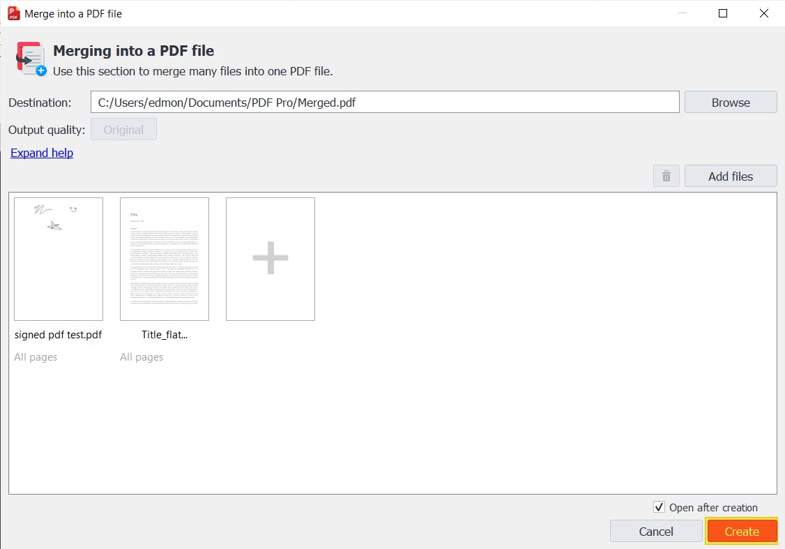 PDF Pro's Merge PDF dialog box. The Create button is red and highlighted.