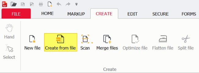 Create from file button highlighted in PDF Pro.