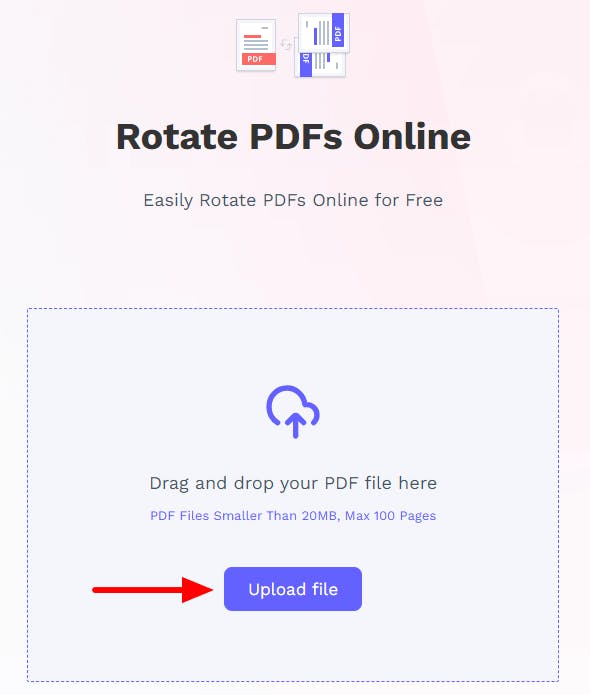 PDF Pro's Rotate PDF Online tool. The upload button has a red arrow pointing at it.