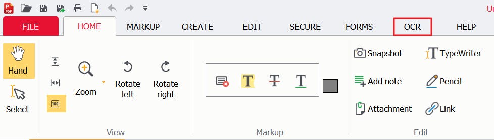 OCR tab with a red box around it in PDF Pro.