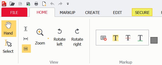 Secure tab highlighted in PDF Pro. 
