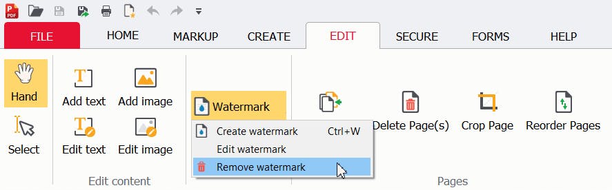 Mouse cursor hovering over Remove watermark option from Watermark button down caret. 