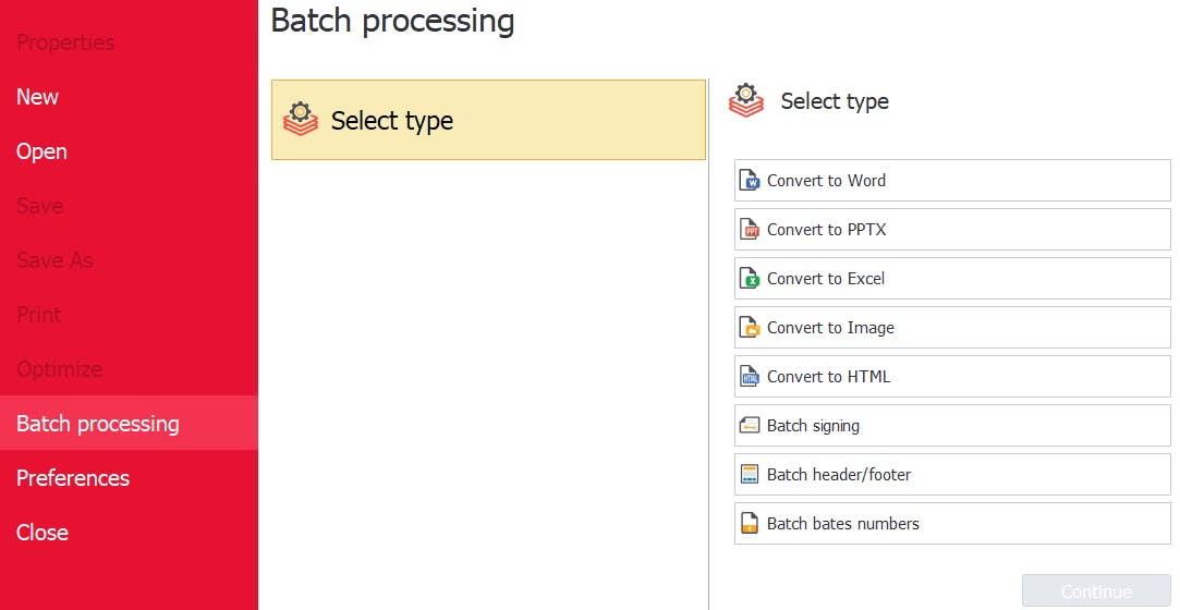 PDF Pro's Batch Processing menu.