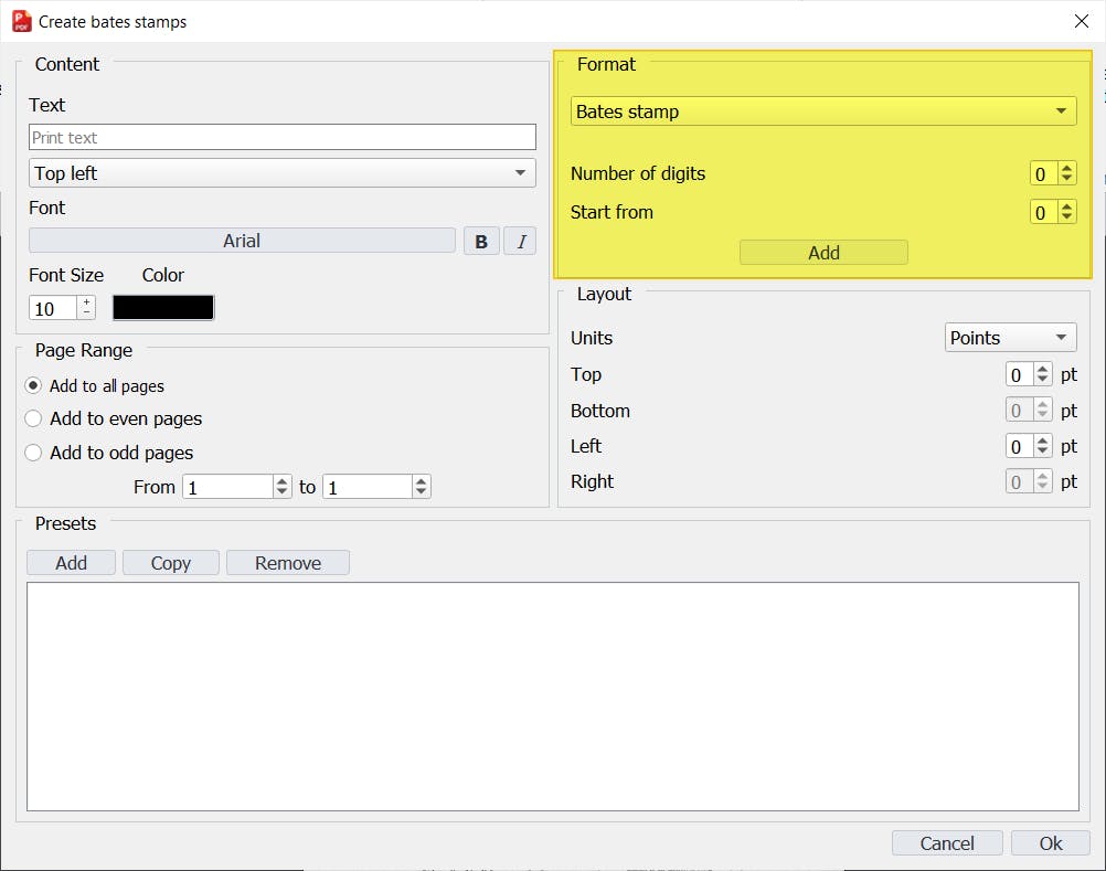 Create bates stamps dialog box with Format section highlighted.