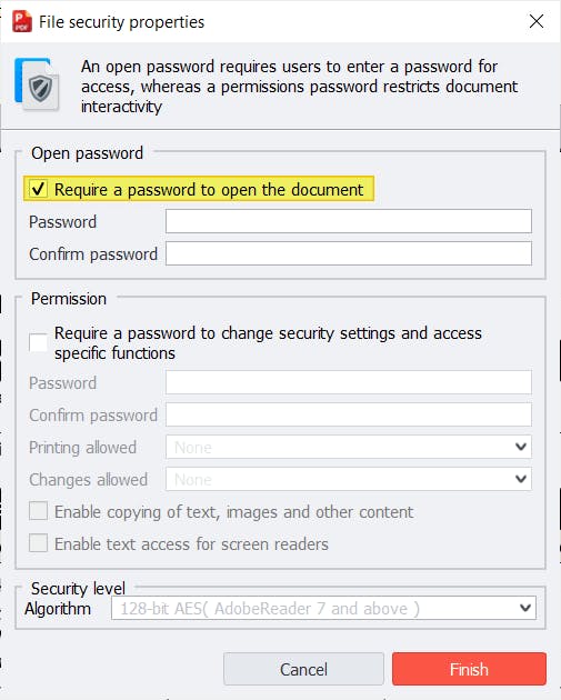 PDF Pro's Password dialog box. The Require Open Password checkbox is checked and highlighted. 