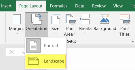 Landscape orientation button highlighted in Excel.