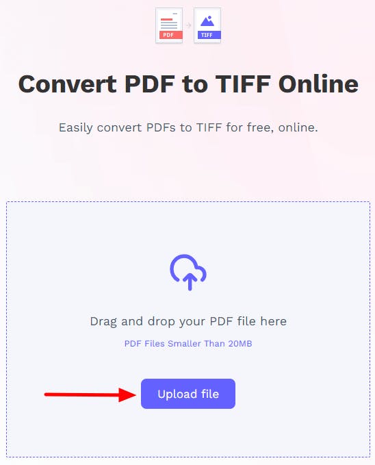 PDF Pro's online PDF to TIFF converter. There is a red arrow pointing at the Upload File button.