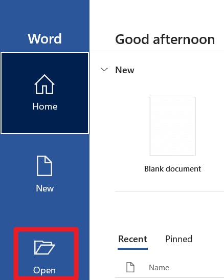 Open button with a red box around it in Word. 