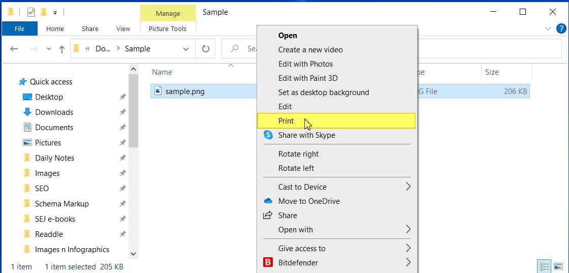 Context menu with the Print option highlighted, after right-clicking on the sample PNG file.